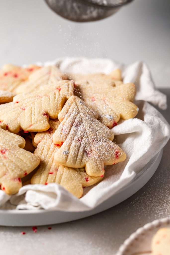 Easy Christmas peppermint cookies with a simple cut design, dusted with powdered sugar, no icing