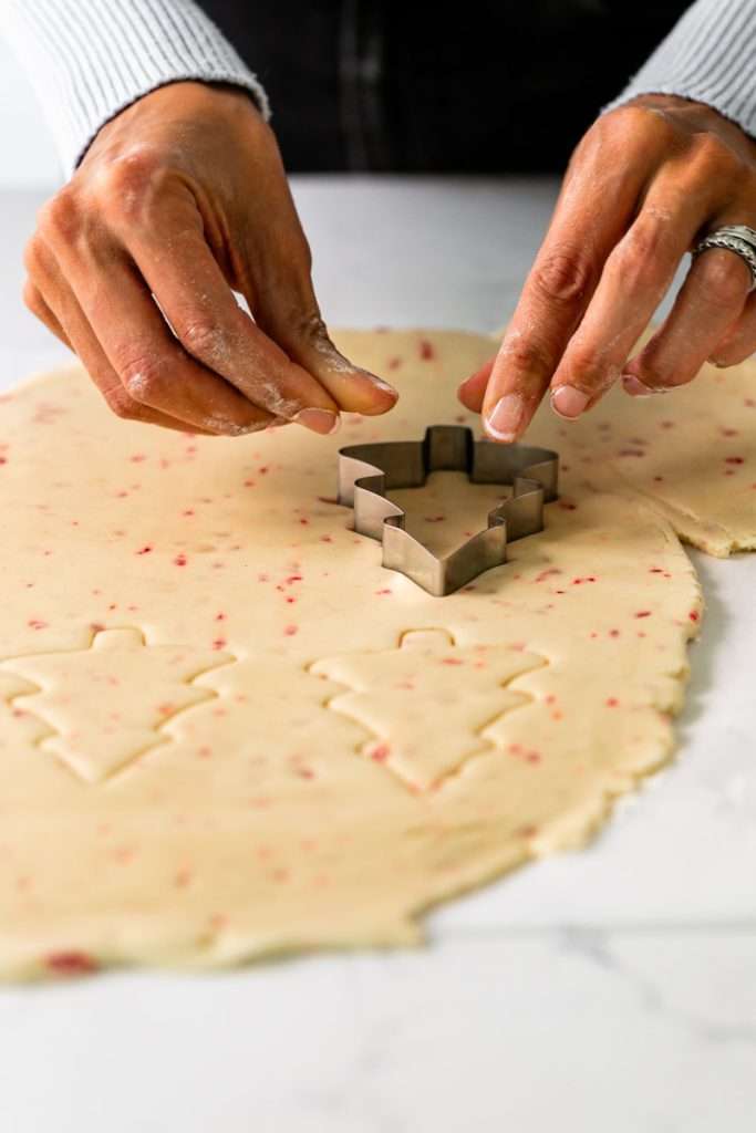 Easy Christmas peppermint cookies with a simple cut design, dusted with powdered sugar, no icing