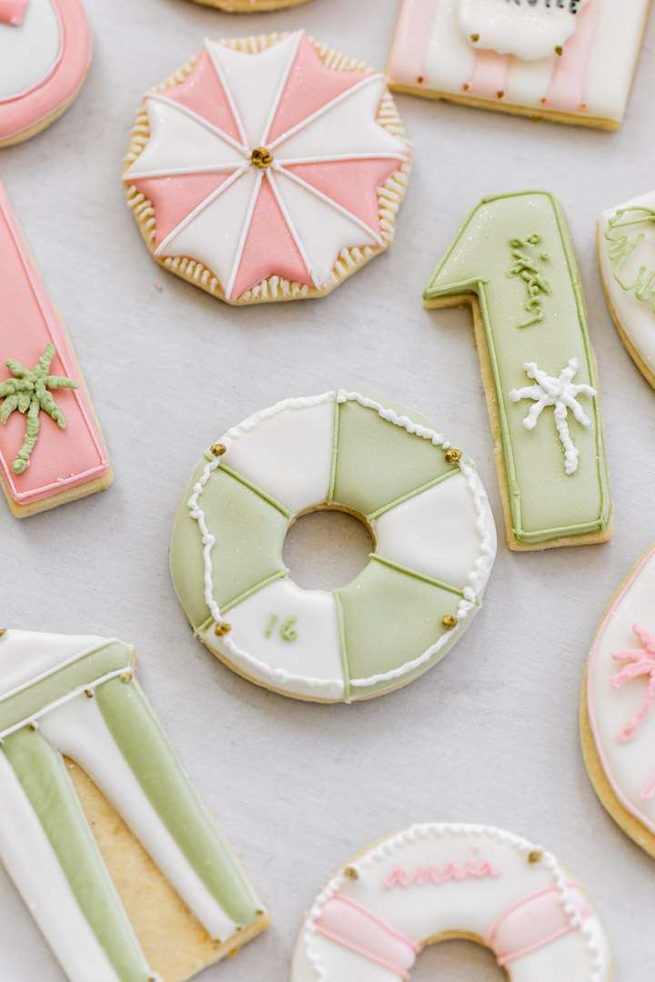 Sugar cookies for a cabana themed pool party, for teen girls.