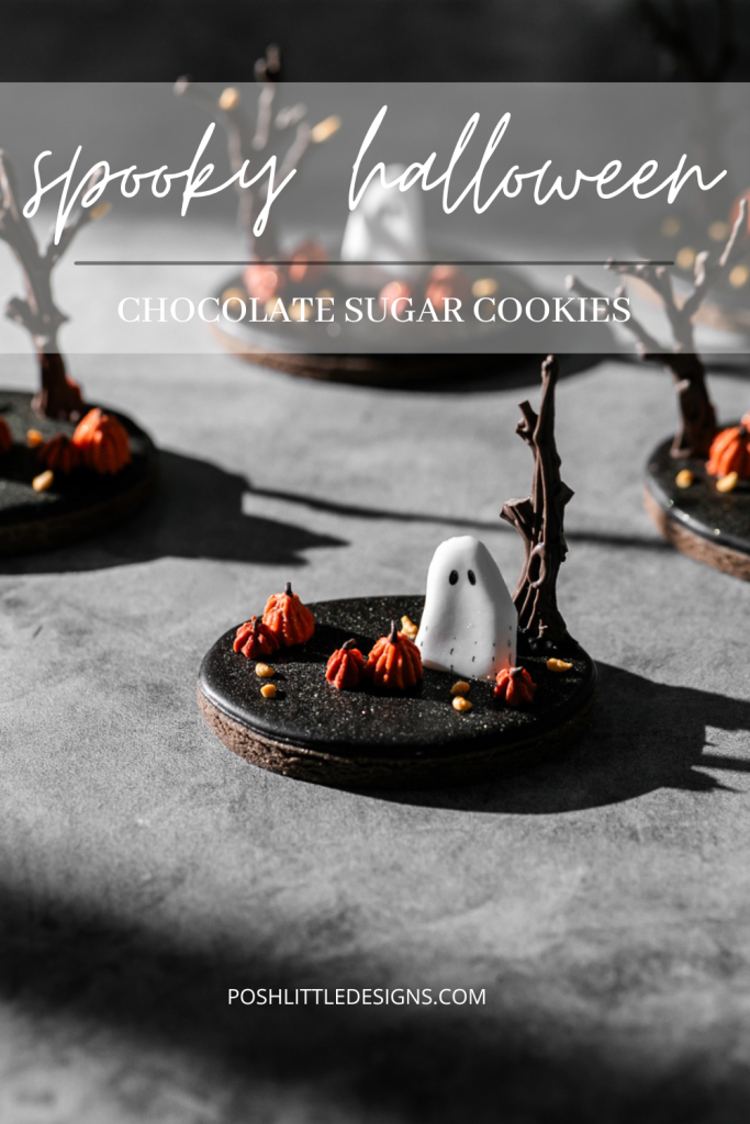 Rich chocolate sugar cookies topped with chocolate royal icing and spooky 3D Halloween details. A festive and delicious treat for the fall season, with step by step decorating instructions.