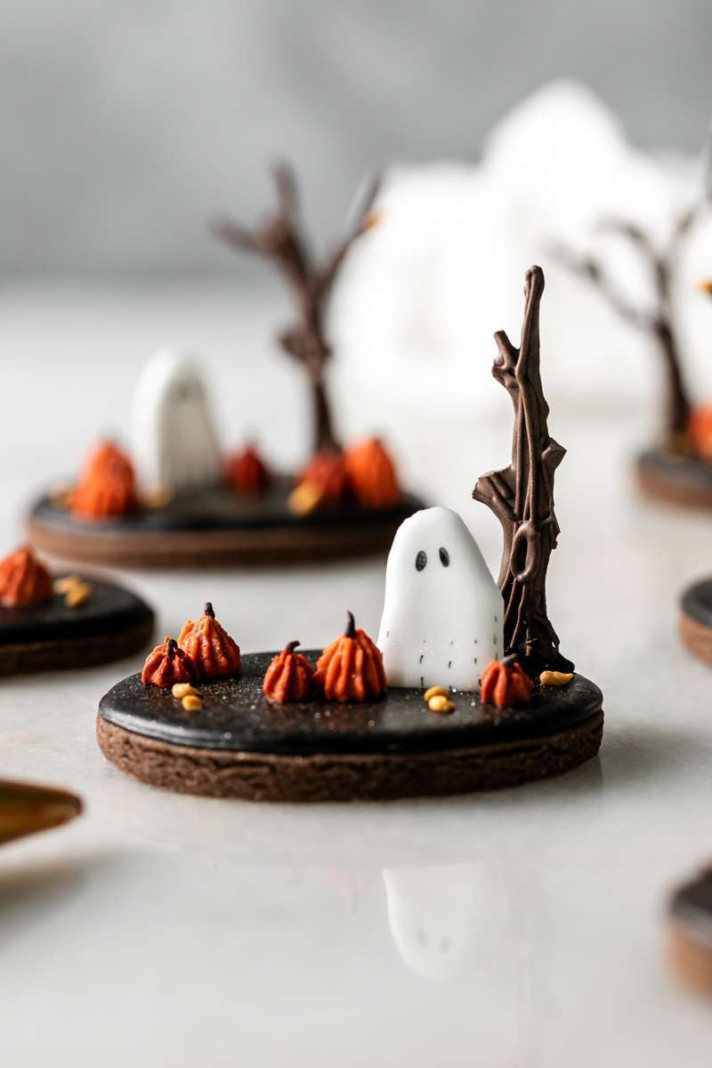 These 3D chocolate sugar cookies are decorated with rich chocolate royal icing and festive Halloween details. Featuring spooky icing transfers, they are not only delicious but perfect for dessert tables. cookie decorating inspiration and halloween themed parties.