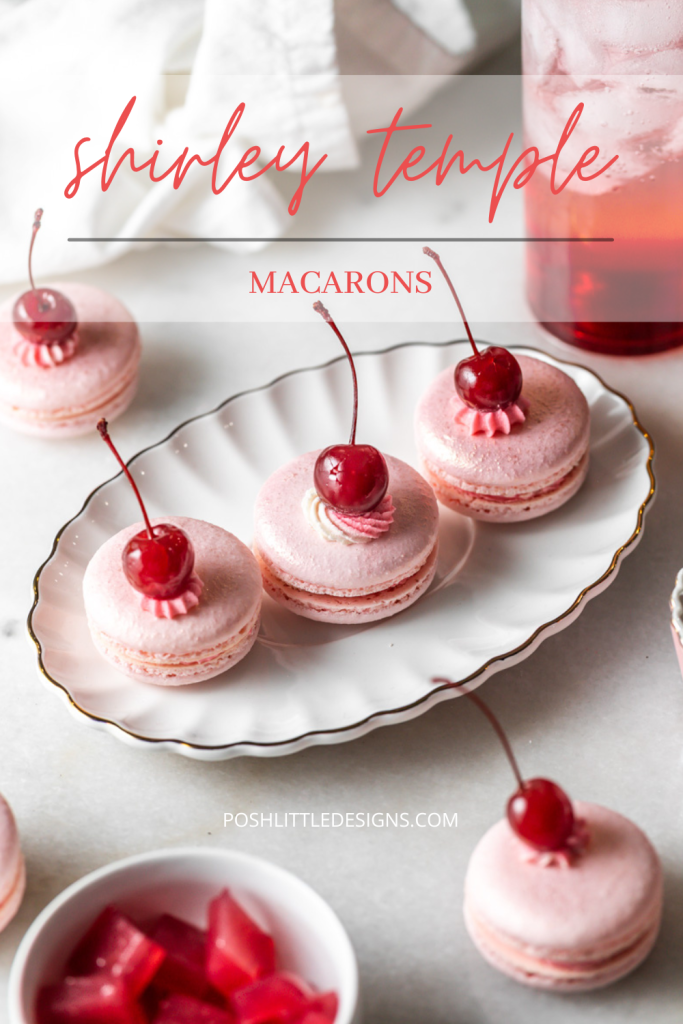 Shirley Temple macarons filled with cherry grenadine gel, and lime buttercream, toped with a glossy cherry.