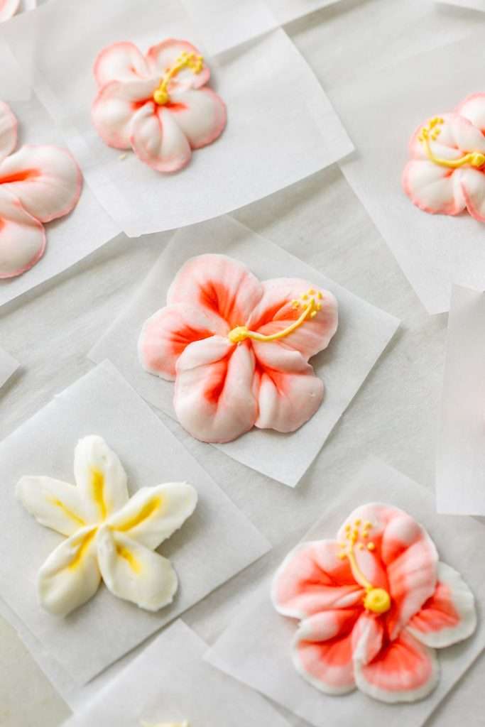 Piped hibiscus and plumeria royal icing transfers for a tropical themed teen birthday party.