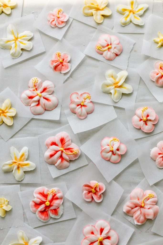 Piped hibiscus and plumeria royal icing transfers for a tropical themed teen birthday party.